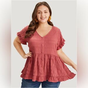 Bloom chic coral textured short ruffle/hem sleeves vneck faux button blouse